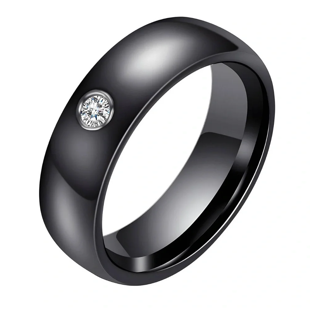 Black Ceramic CZ Ring Bezel Set Waterproof Band Size 7